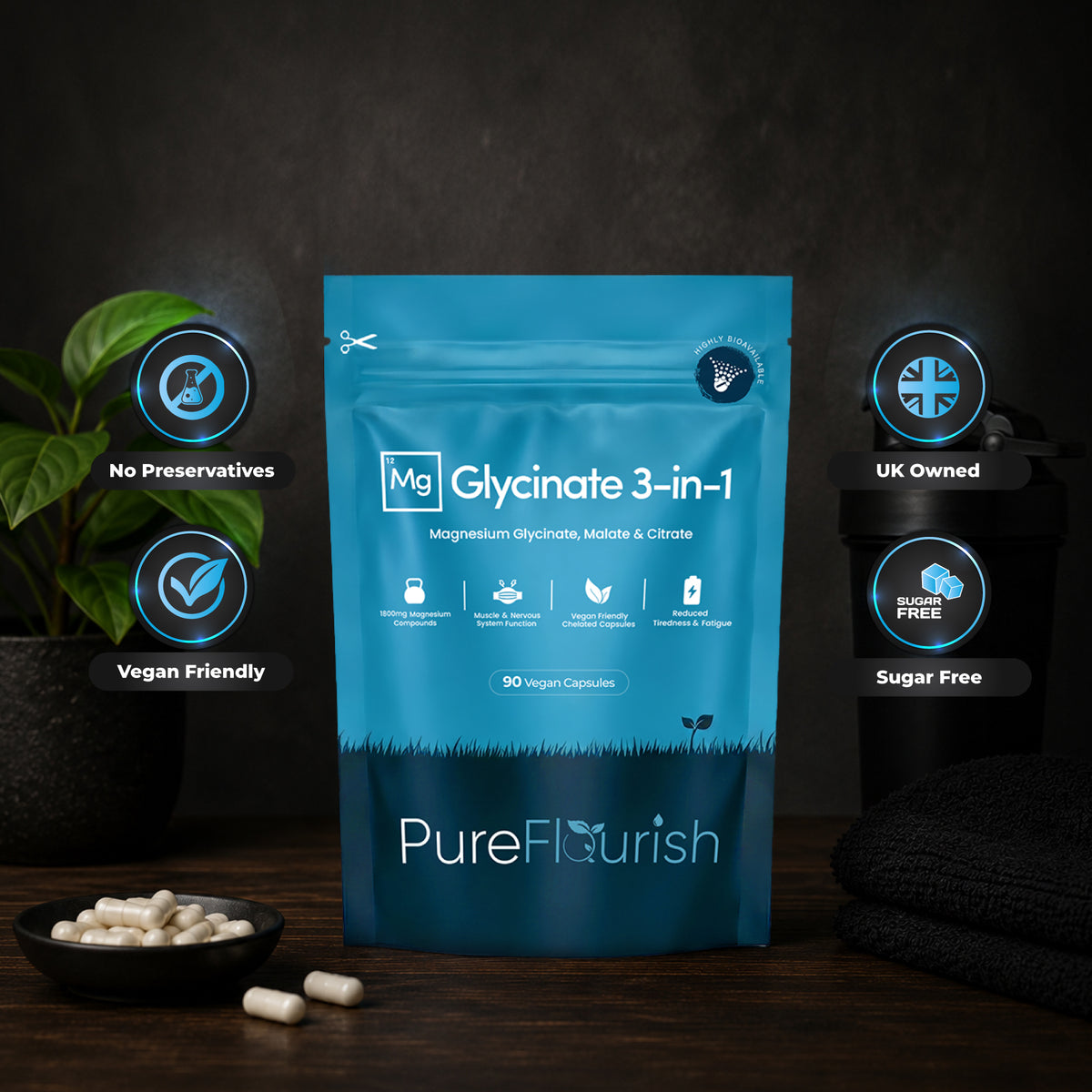 Magnesium Glycinate 3-in-1 Complex – 1800mg | 90 Vegan Capsules